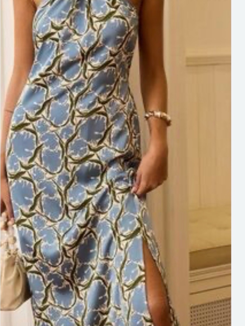 Commense Blue Patterned Midi Slip Dress with Slit S NWT